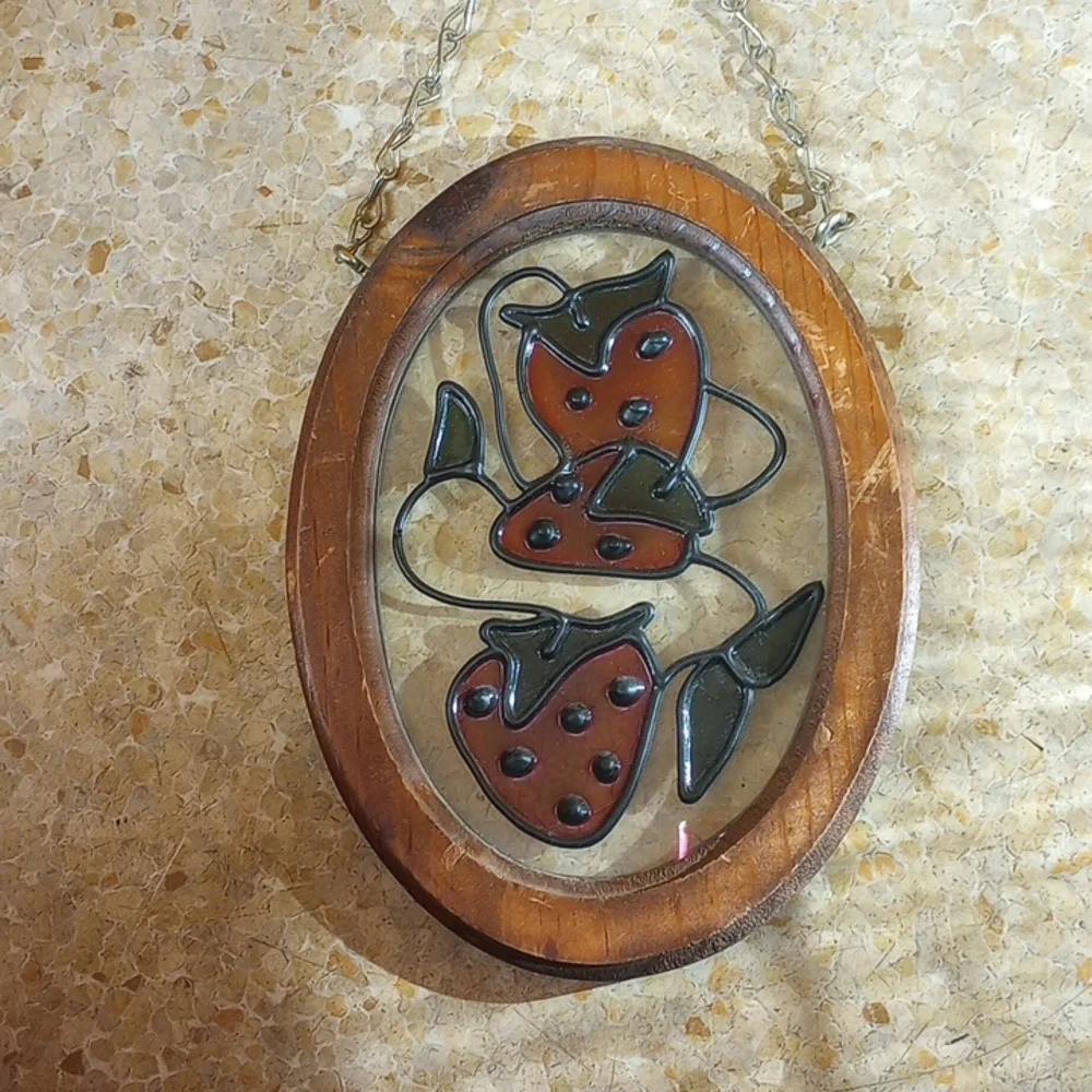 Vintage Stained Glass Strawberry Art Decor. Red Green Brown - Picture 2 of 6